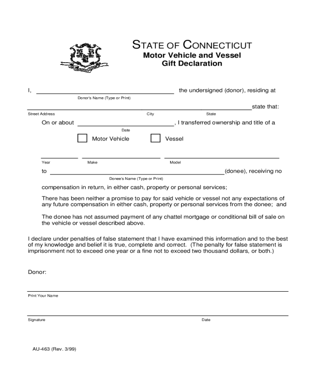 Connecticut Motor Vehicle and Vessel Gift Declaration