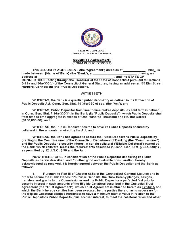 Connecticut Security Agreement Form Public Deposit