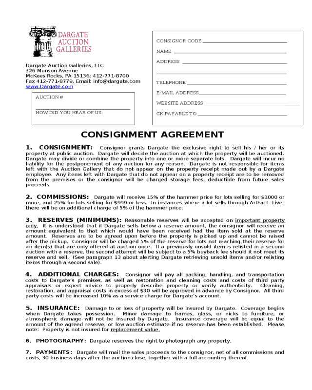 CONSIGNMENT AGREEMENT - Dargate Auction Galleries