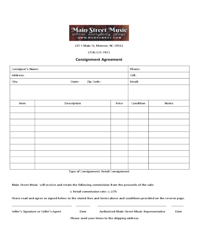 Consignment Agreement - Main Street Music
