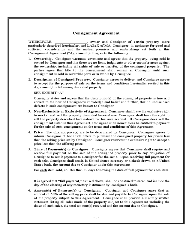 Consignment Agreement Sample Form