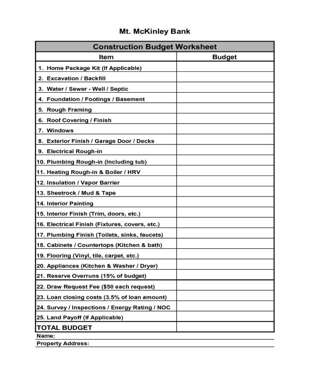 Construction Budget Worksheet