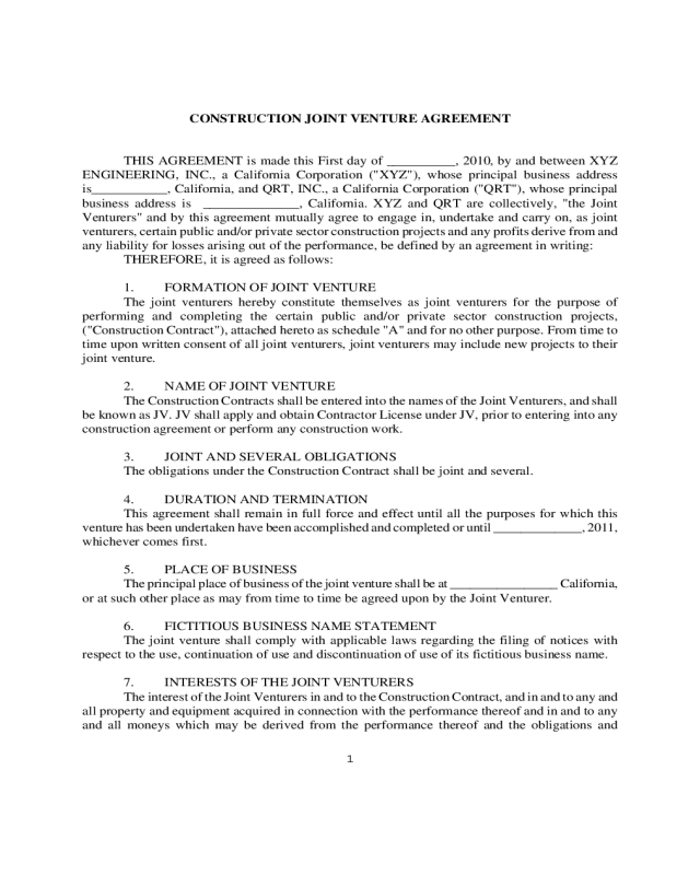 Construction Joint Venture Agreement Form