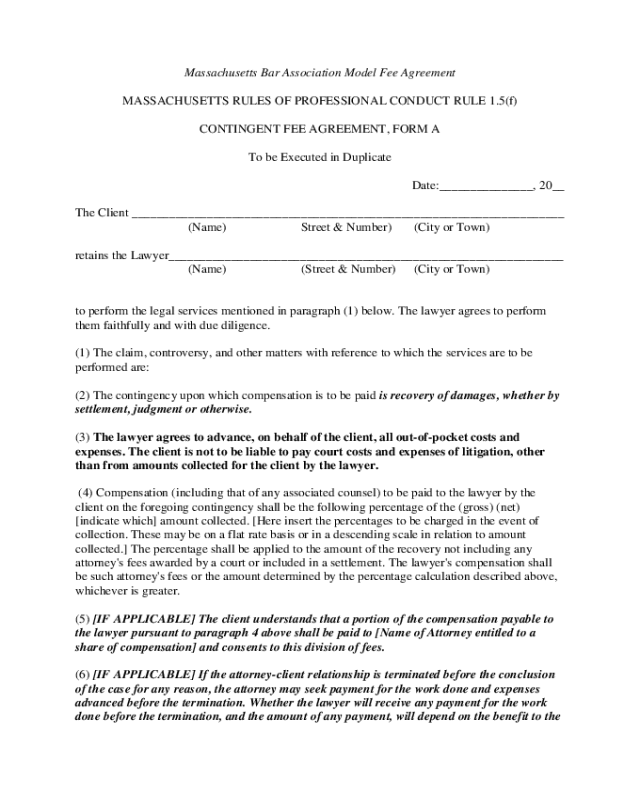 Continent Fee Agreement Form - Massachusetts
