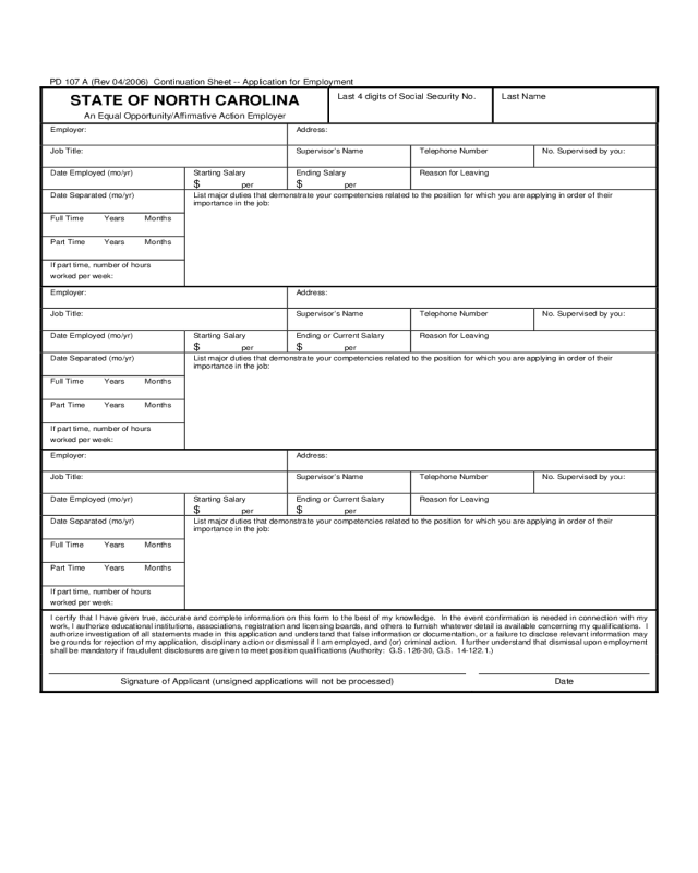 Continuation Sheet of Application for Employment