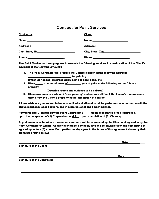 2023 Painting Contract Template Fillable Printable PDF Forms