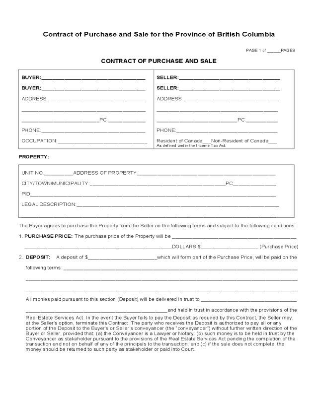 Contract of Purchase and Sale for the Province of British Columbia