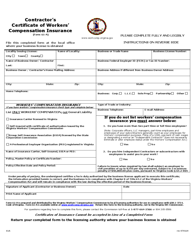 Contractor's Certificate of Workers' Compensation Insurance - Virginia
