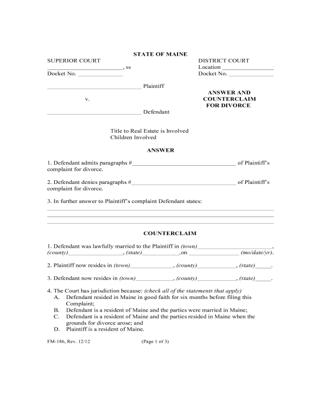 Counterclaim for Divorce Form - Maine