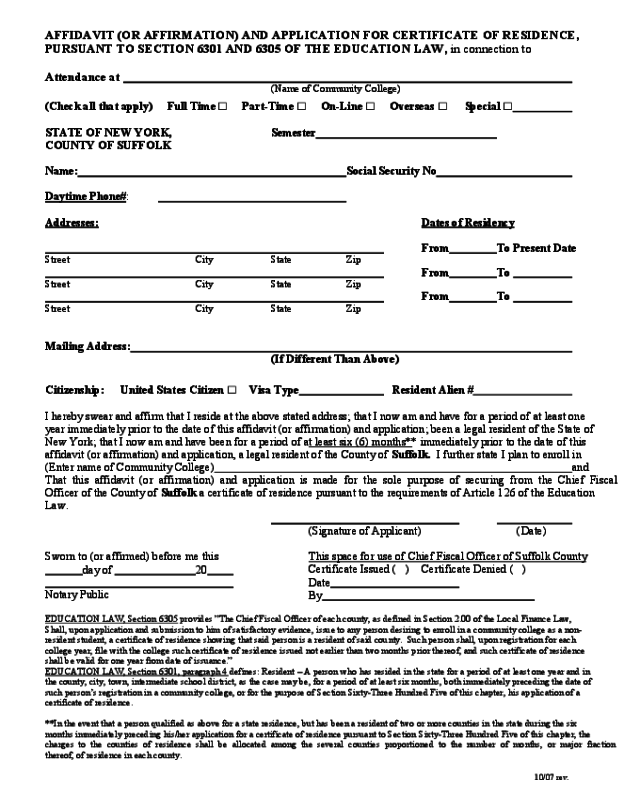 County of Suffolk Affidavit and Application for Certificate of