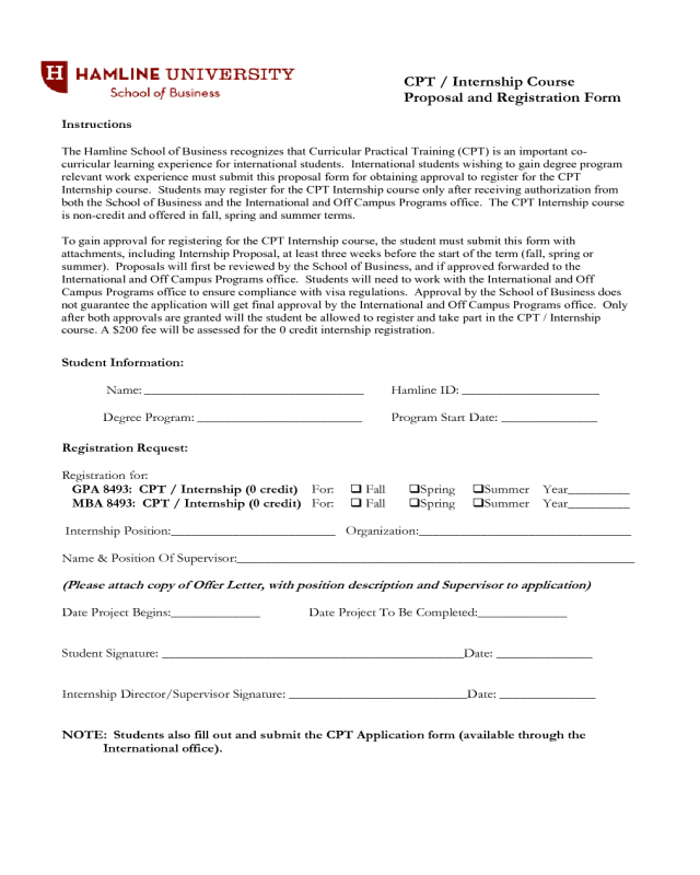 CPT / Internship Course Proposal and Registration Form - Hamline University