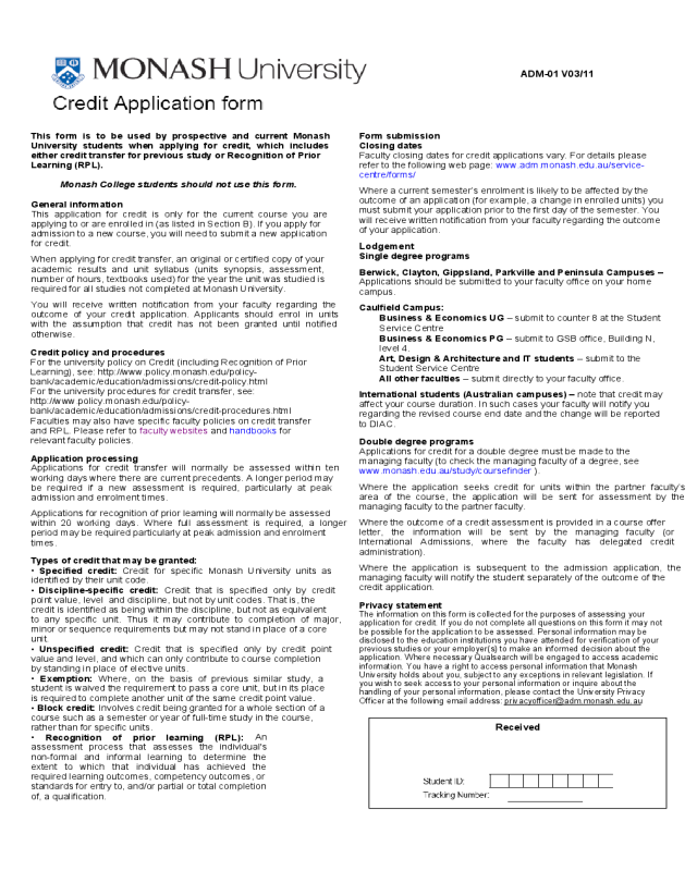 Credit Application Form - Monash University