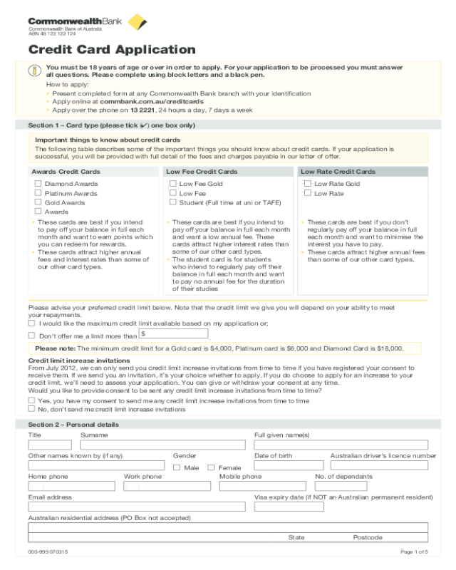 Credit Card Application Form - Commonwealth Bank