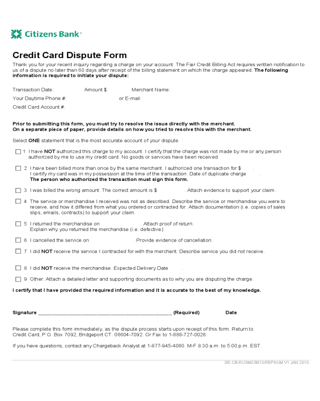 Credit Card Dispute Form - Citizens Bank