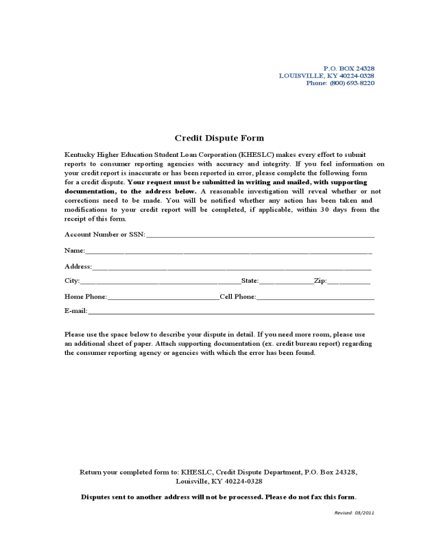 Credit Dispute Form - Kentucky