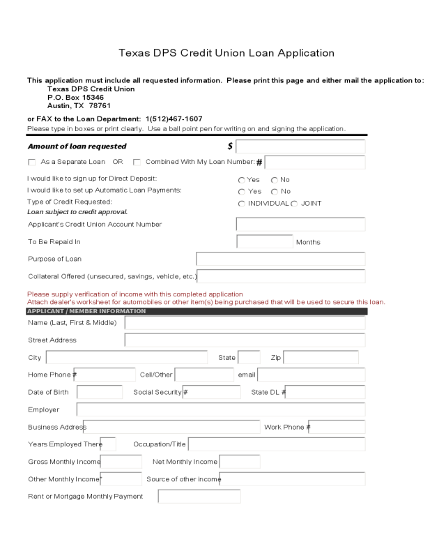 Credit Union Loan Application Sample Form