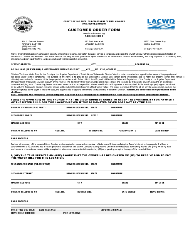 Customer Order Form - Department of Public Works