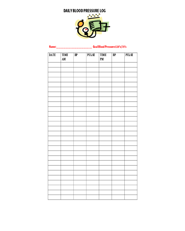 Daily Blood Pressure Log Chart