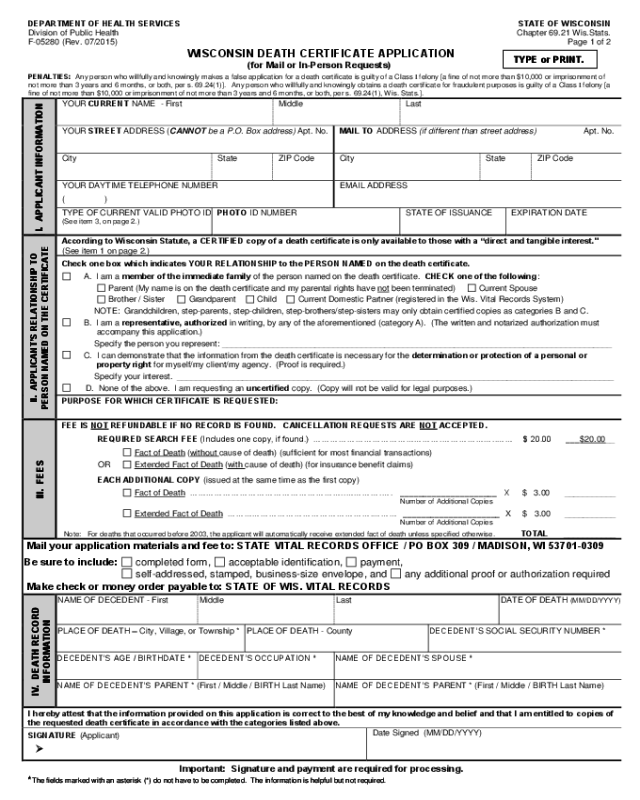 Death Report Form - Wisconsin