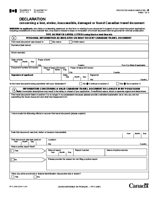 Declaration concerning a lost, stolen, inaccessible,damaged or found Canadian Travel Document