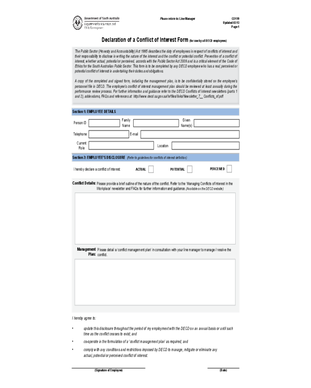 Declaration of a Conflict of Interest Form -South Australia
