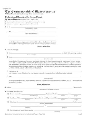 2024 Declaration Of Homestead Form Fillable Printable PDF Forms   Declaration Of Homestead For Homes Owned By Natural Persons The Commonwealth Of Massachusetts Page1 M 