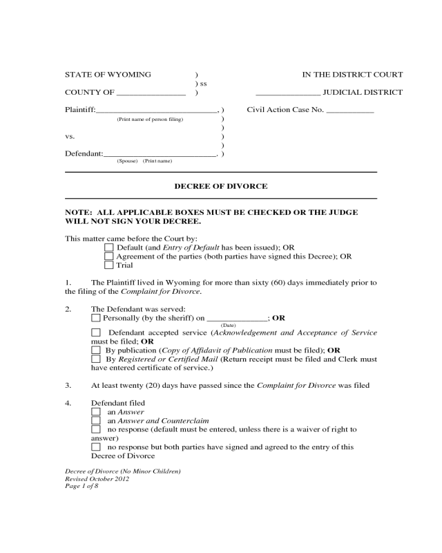 Decree of Divorce Form- Wyoming