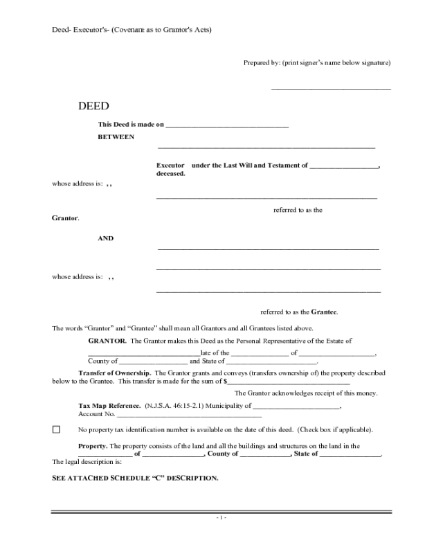 Deed of Executor's - New Jersey