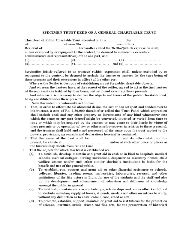 Deed of Public Charitable Trust Form