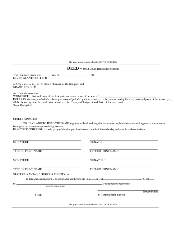Deed of Quit Claim Tenants in Commom - Kansas