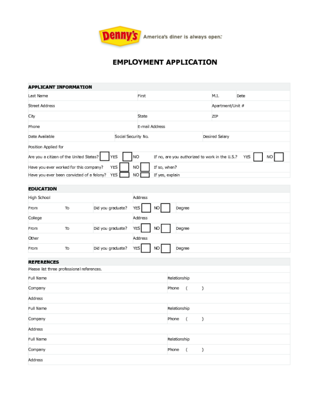 Denny's Application Form