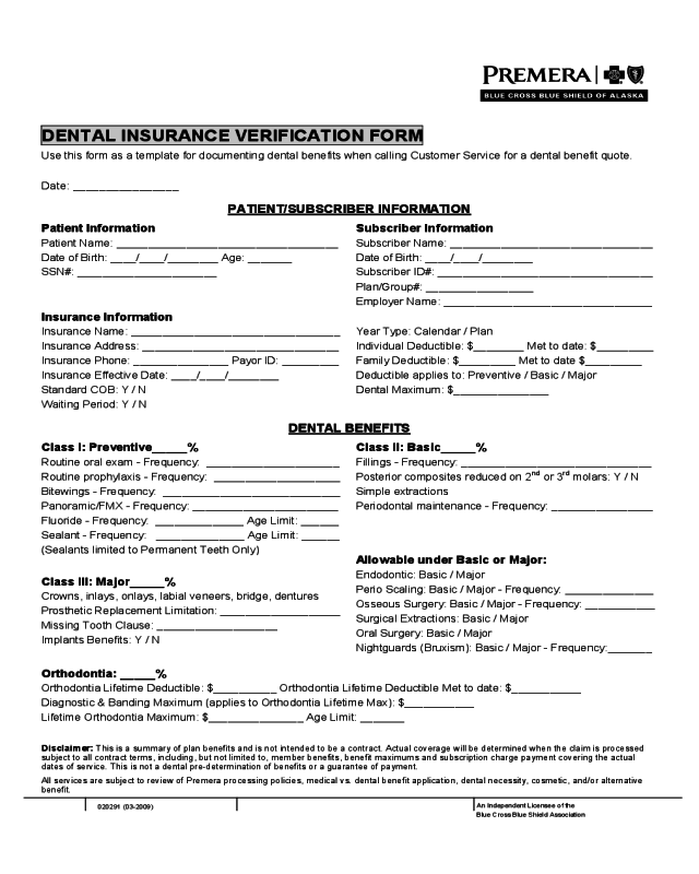 Dental Insurance Verification Form - Alaska