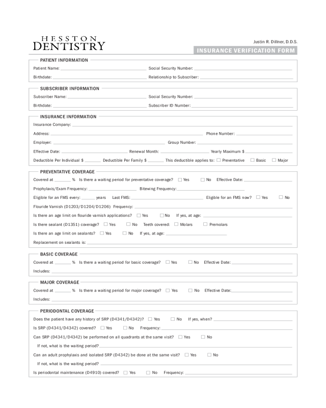 Dental Insurance Verification Form - Kansas