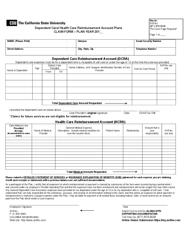 Dependent Care/ Health Care Reimbursement Account Plans Claim Form