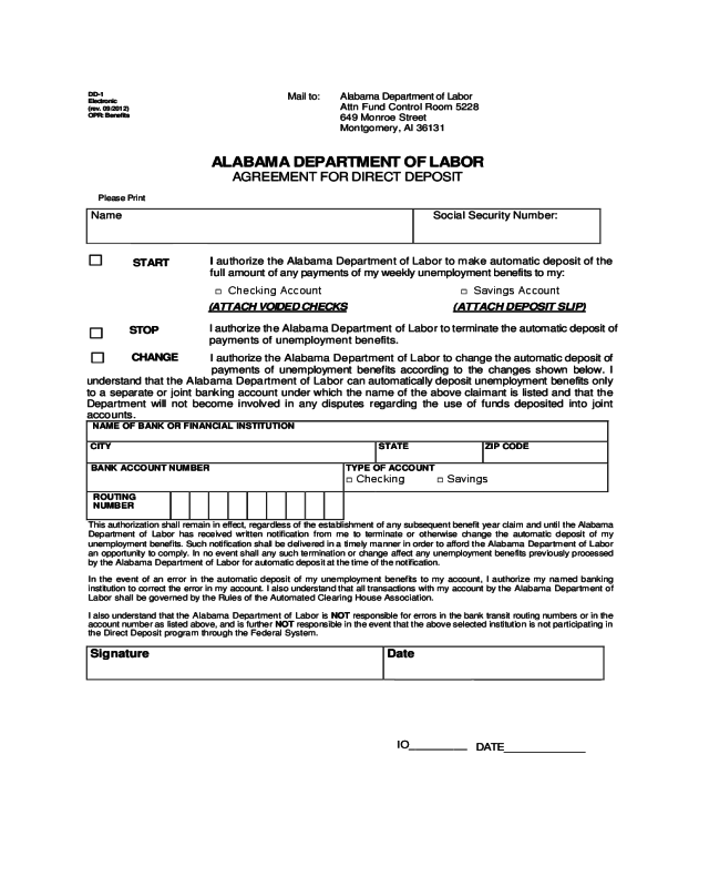 Direct Deposit Agreement Form - Alabama