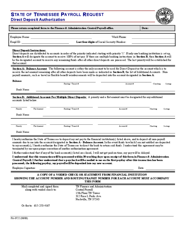 Direct Deposit Application Form - Tennessee