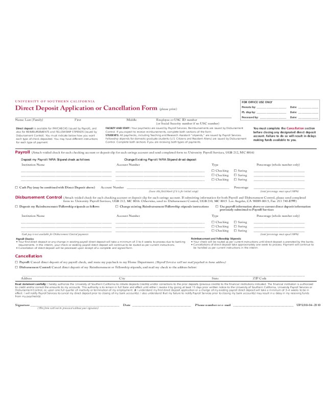Direct Deposit Application or Cancellation Form - University of Southern California