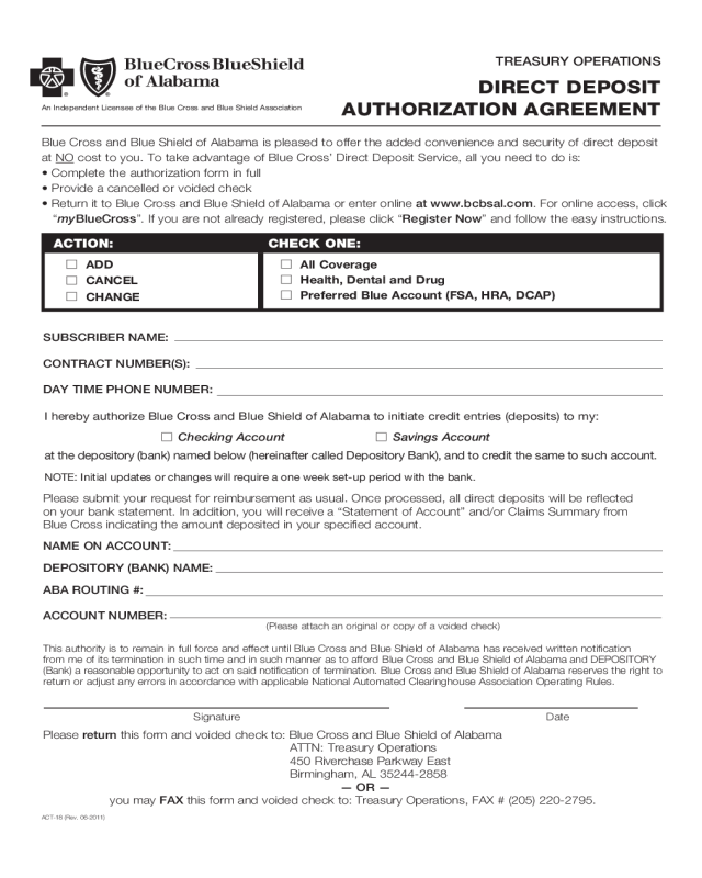 Direct Deposit Authorization Agreement - Alabama