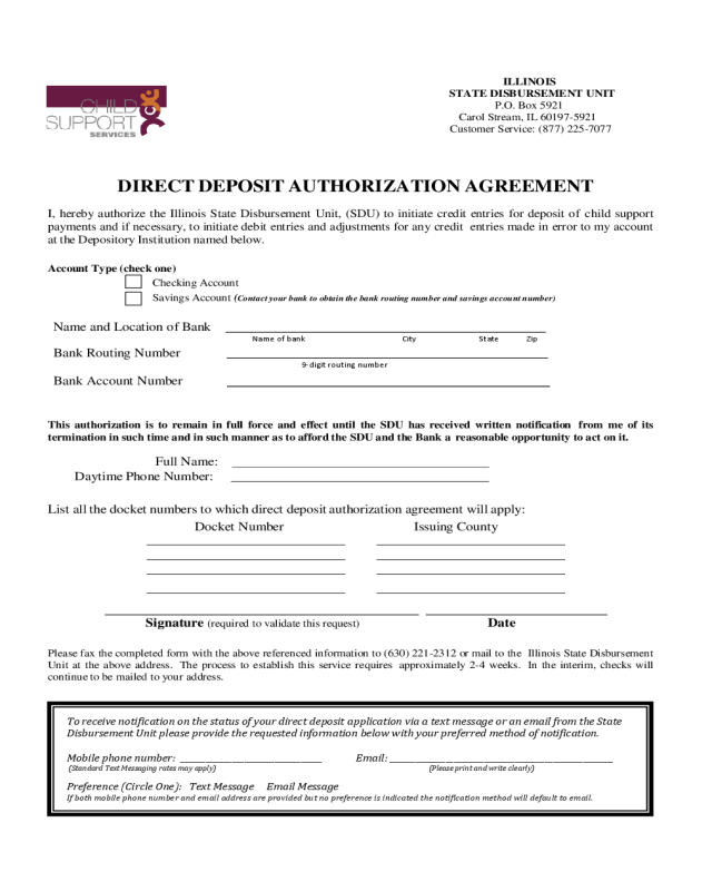 Direct Deposit Authorization Agreement Form - Illinois