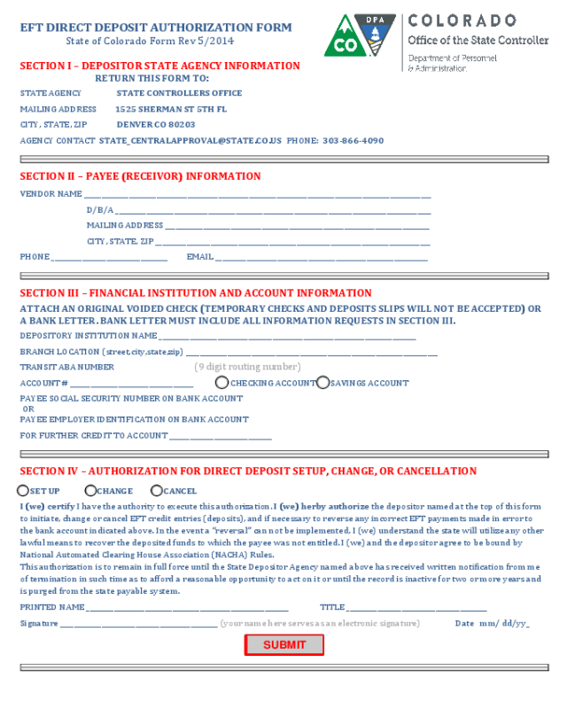 Direct Deposit Authorization Form - Colorado