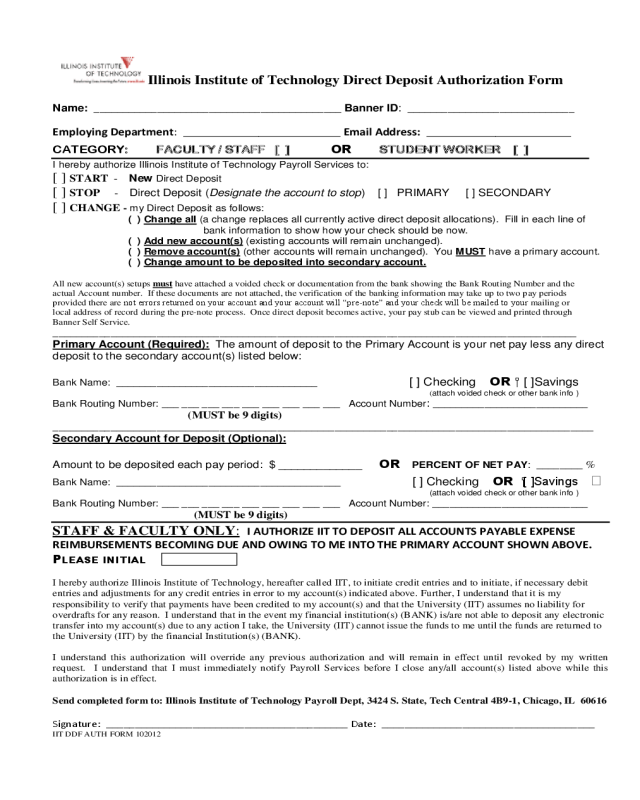 Direct Deposit Authorization Form - Illinois