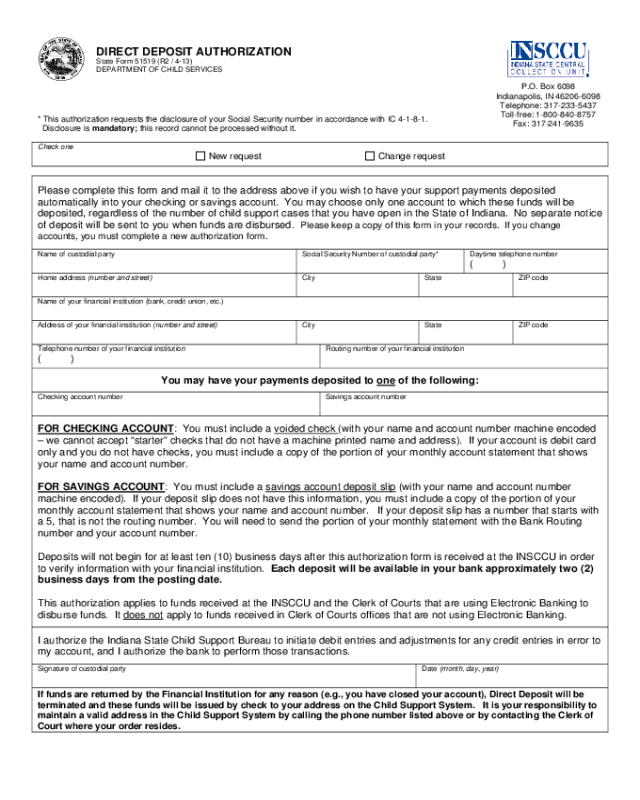 Direct Deposit Authorization Form - Indiana