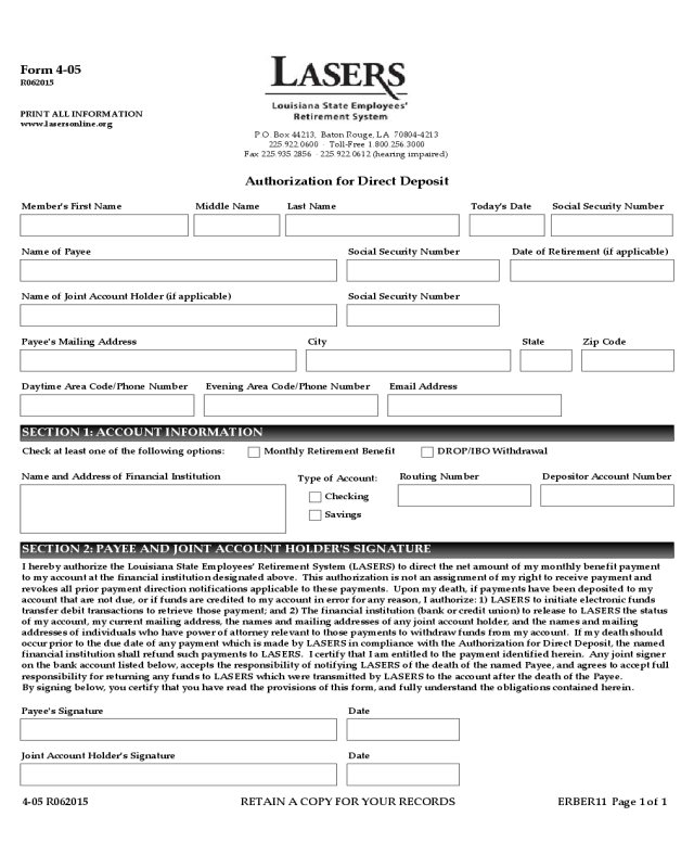 Direct Deposit Authorization Form - Louisiana