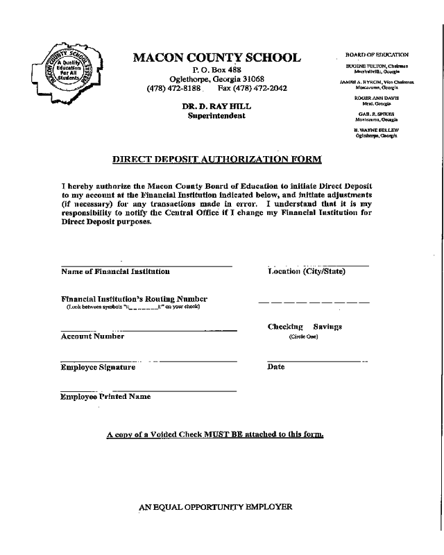 Direct Deposit Authorization Form - Macon County School