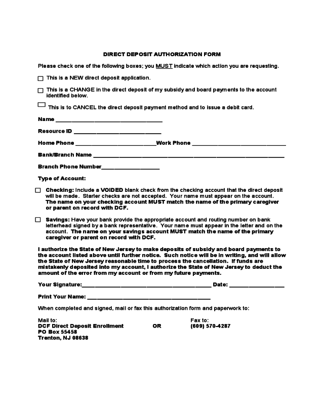 Direct Deposit Authorization Form - New Jersey