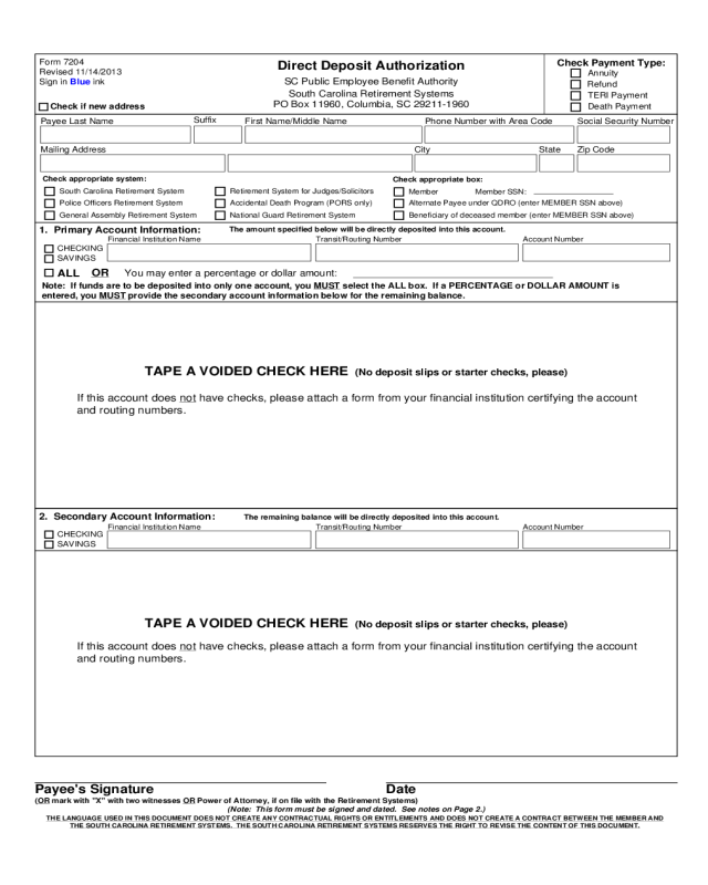 Direct Deposit Authorization Form - South Carolina