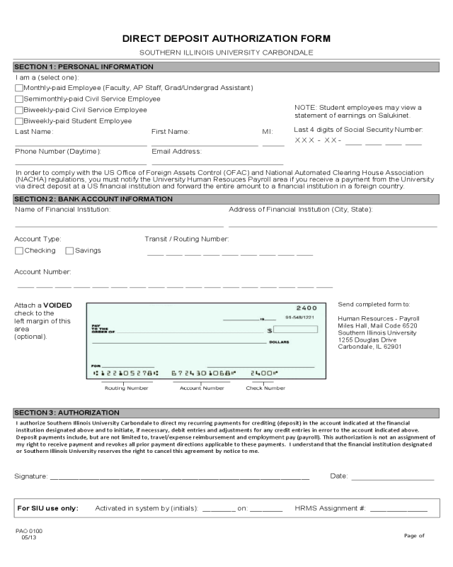 Direct Deposit Authorization Form - Southern Illinois University Carbondale