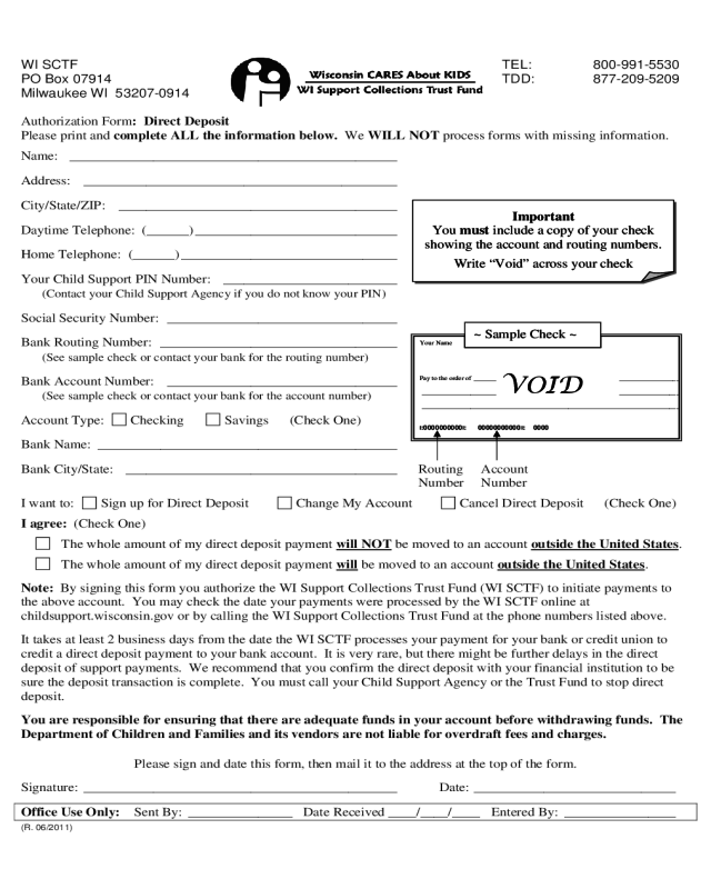 Direct Deposit Authorization Form - Wisconsin