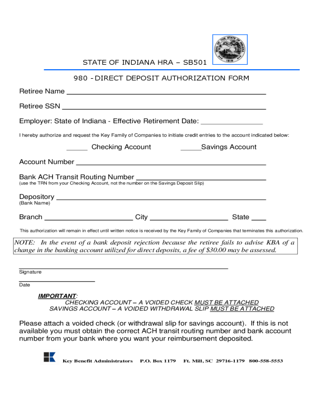 Direct Deposit Authorization Sample Form - Indiana