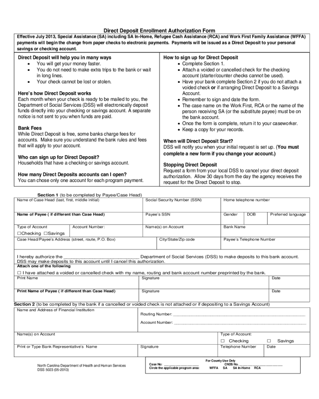 Direct Deposit Enrollment Authorization Form - North Carolina